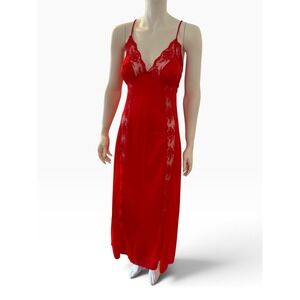 Vintage Nancy King Red Nylon Satin Lace Trim Nightgown Chemise Large USA Made